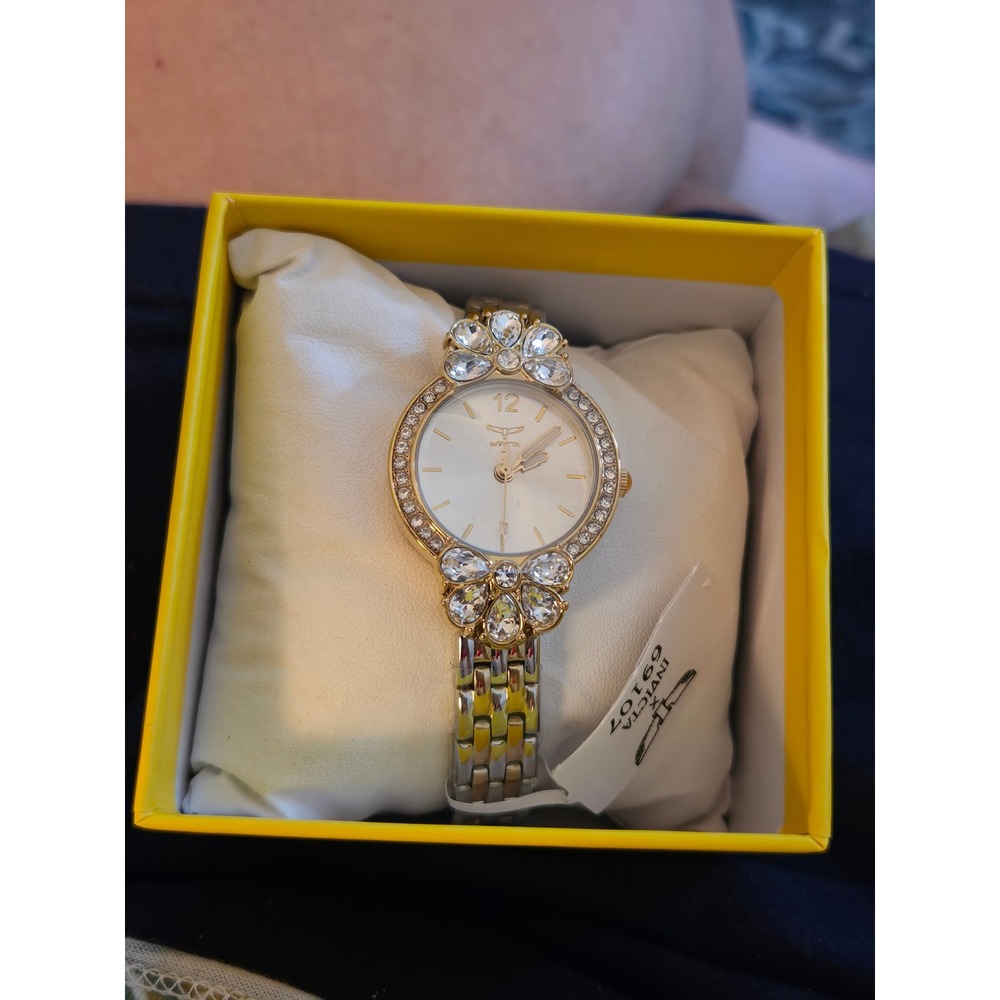 Invicta 69107 Womens Two Tone Crystal Floral Bezel Bracelet Watch New